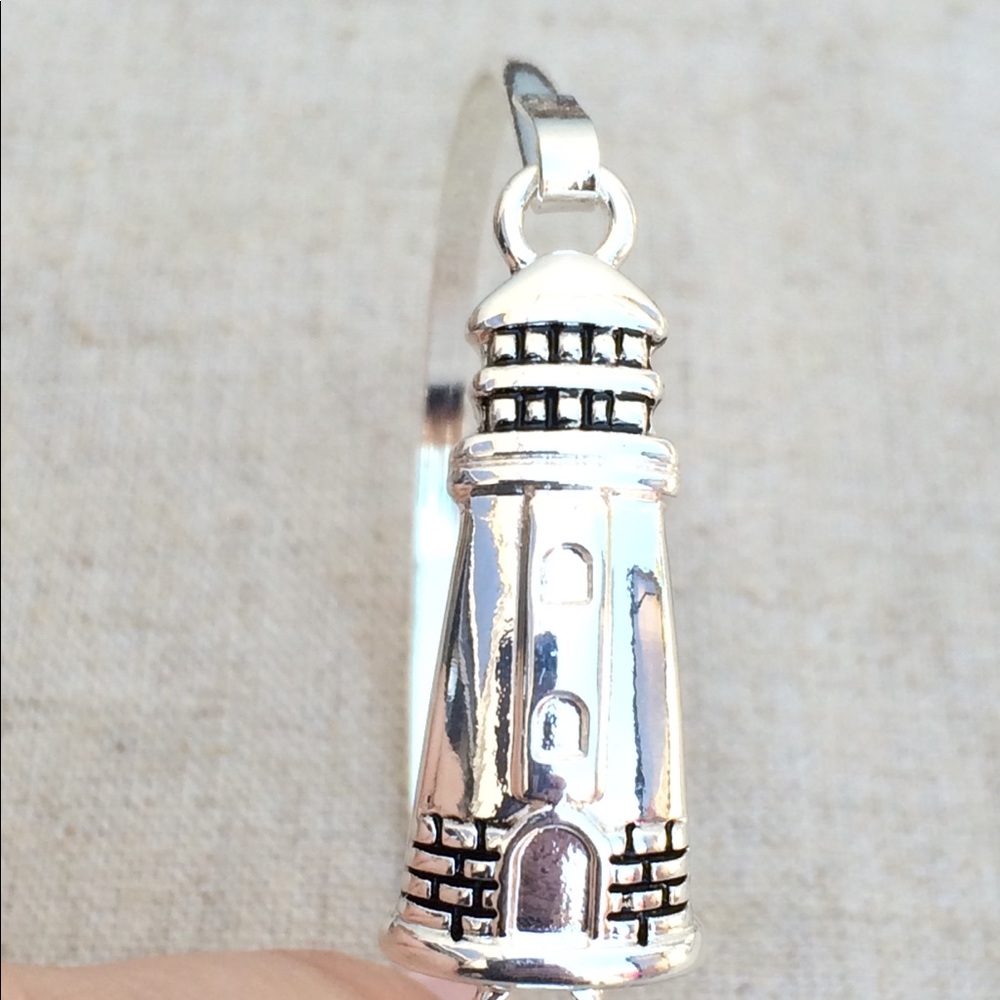 Silver Tone Oxidized Lighthouse Bangle Bracelet